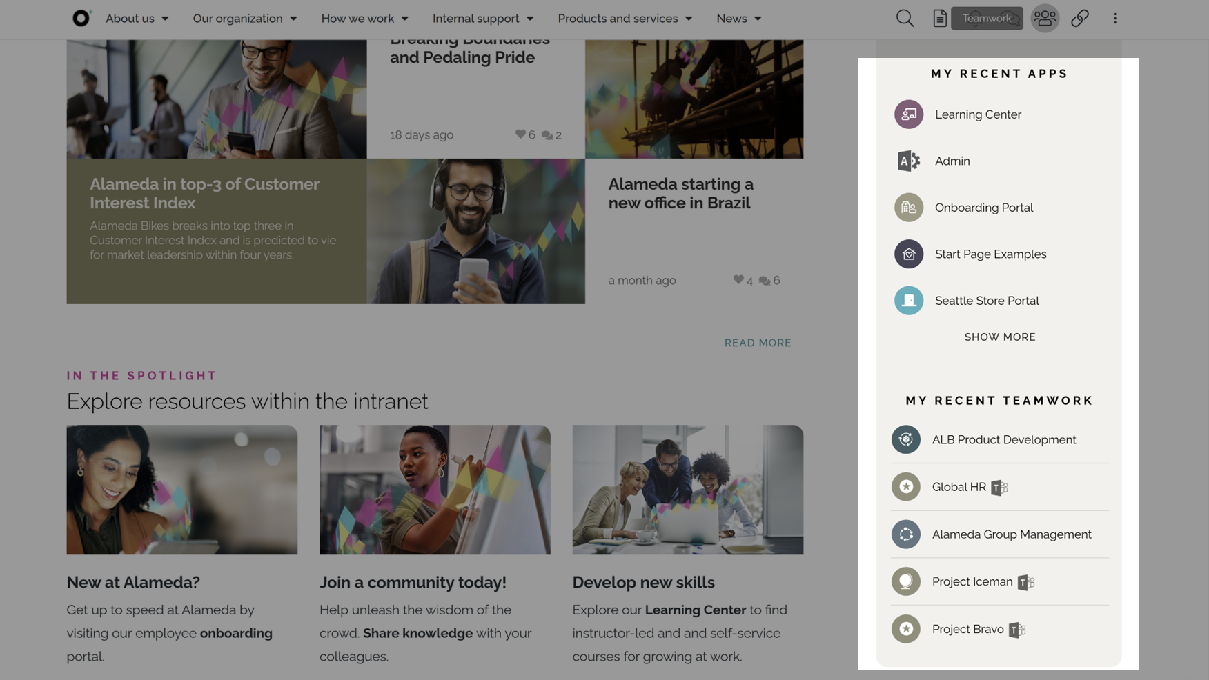 Personalized start page section shown as one of the intranet navigation examples, highlighting recently used apps and teamwork areas.
