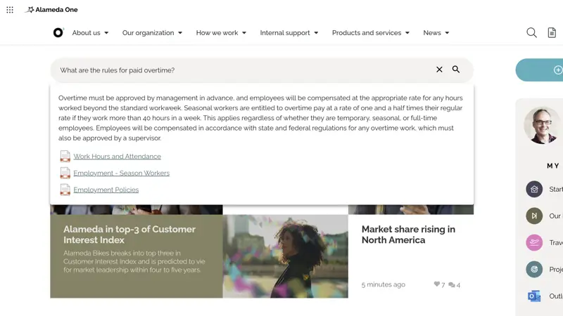 AI features in intranet enabling semantic search that understands user intent and improves content findability.