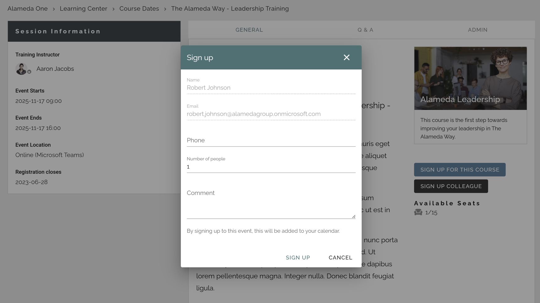 Intranet site learning center where employees sign up for courses and manage self-service requests.