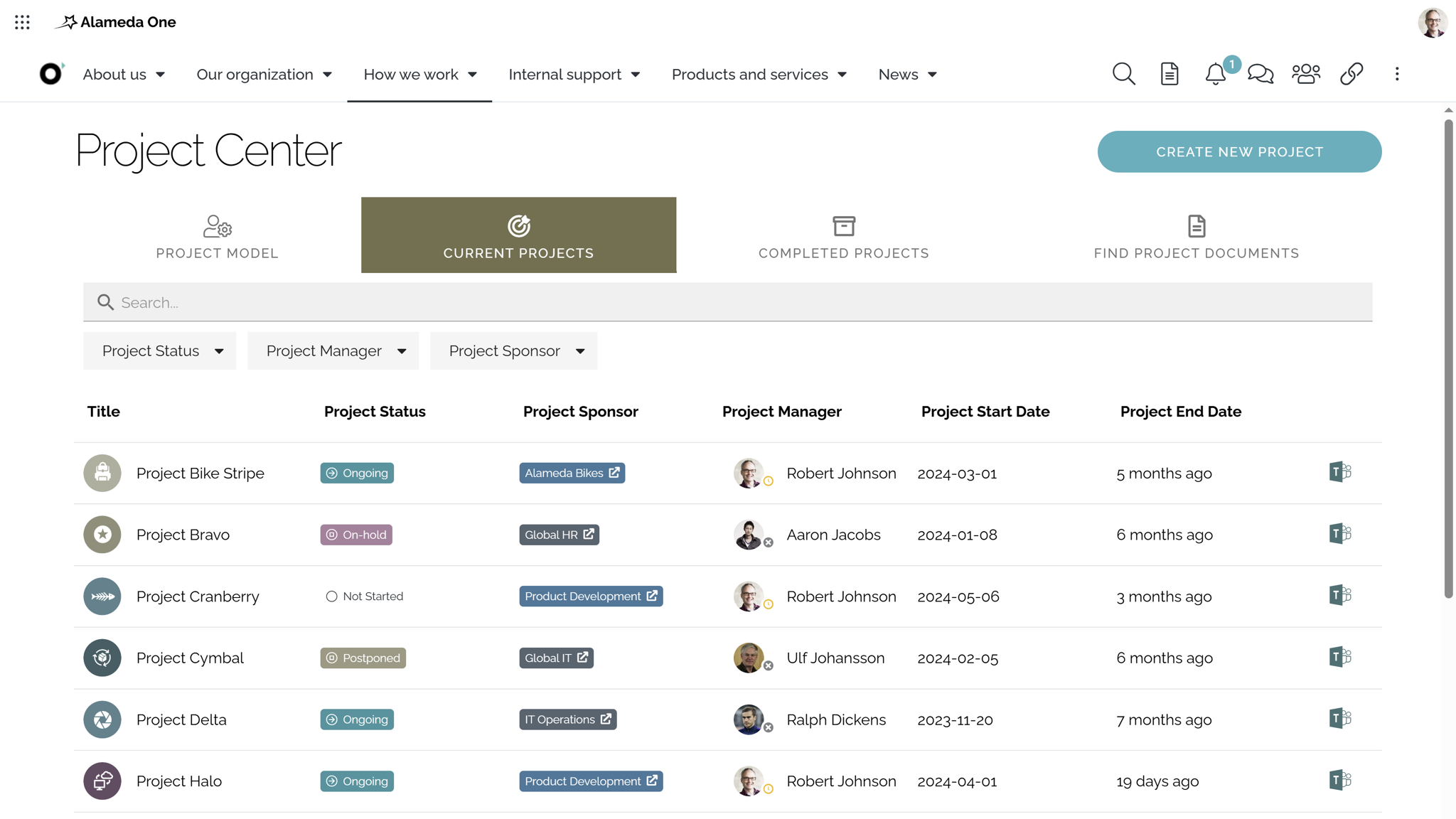 QMS Microsoft 365 Example: Project directory showing official projects, metadata, and templates in a quality management system in Microsoft 365.