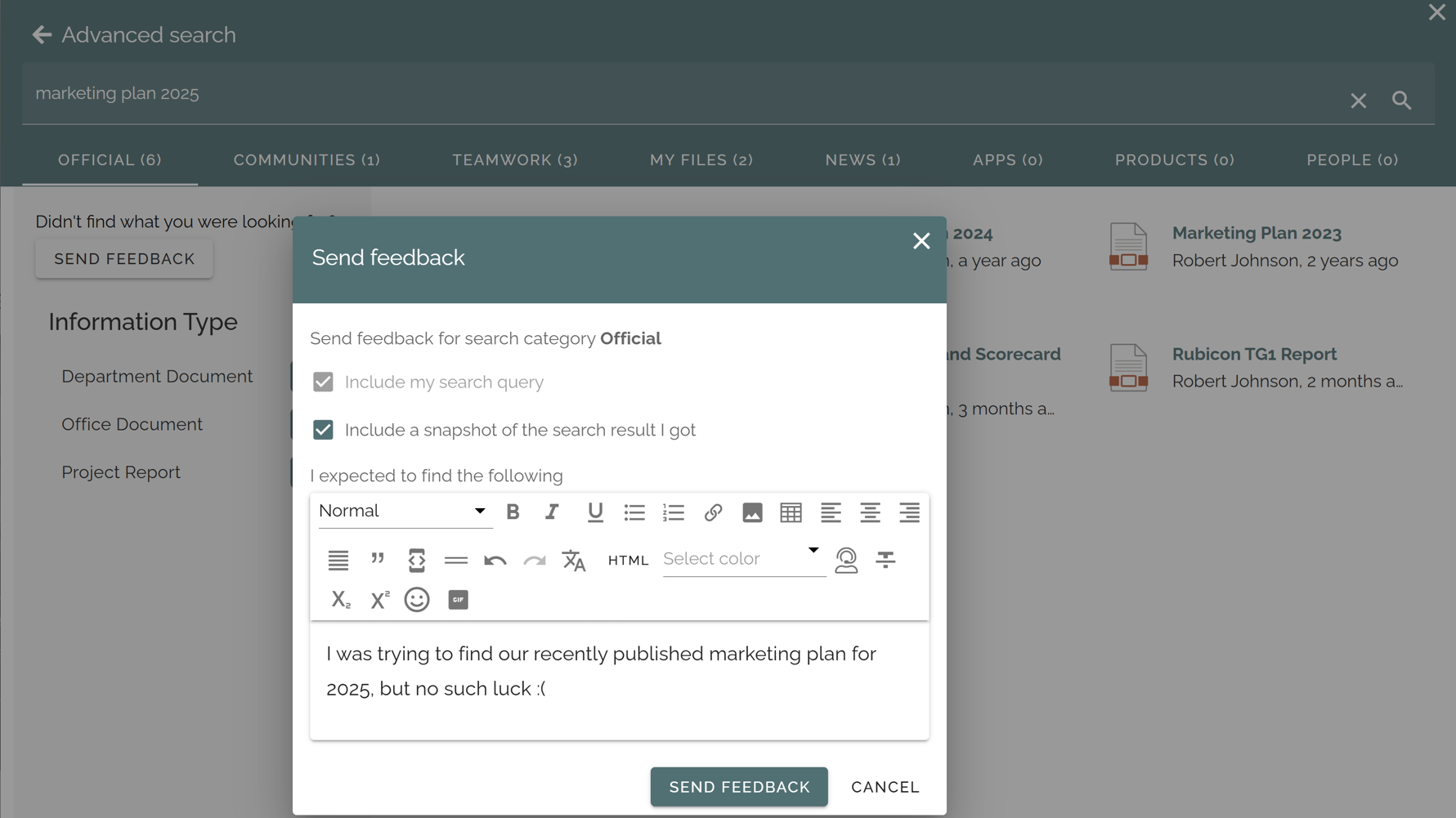 Screenshot of intranet search result page with embedded feedback option for users to rate result relevance and usability.