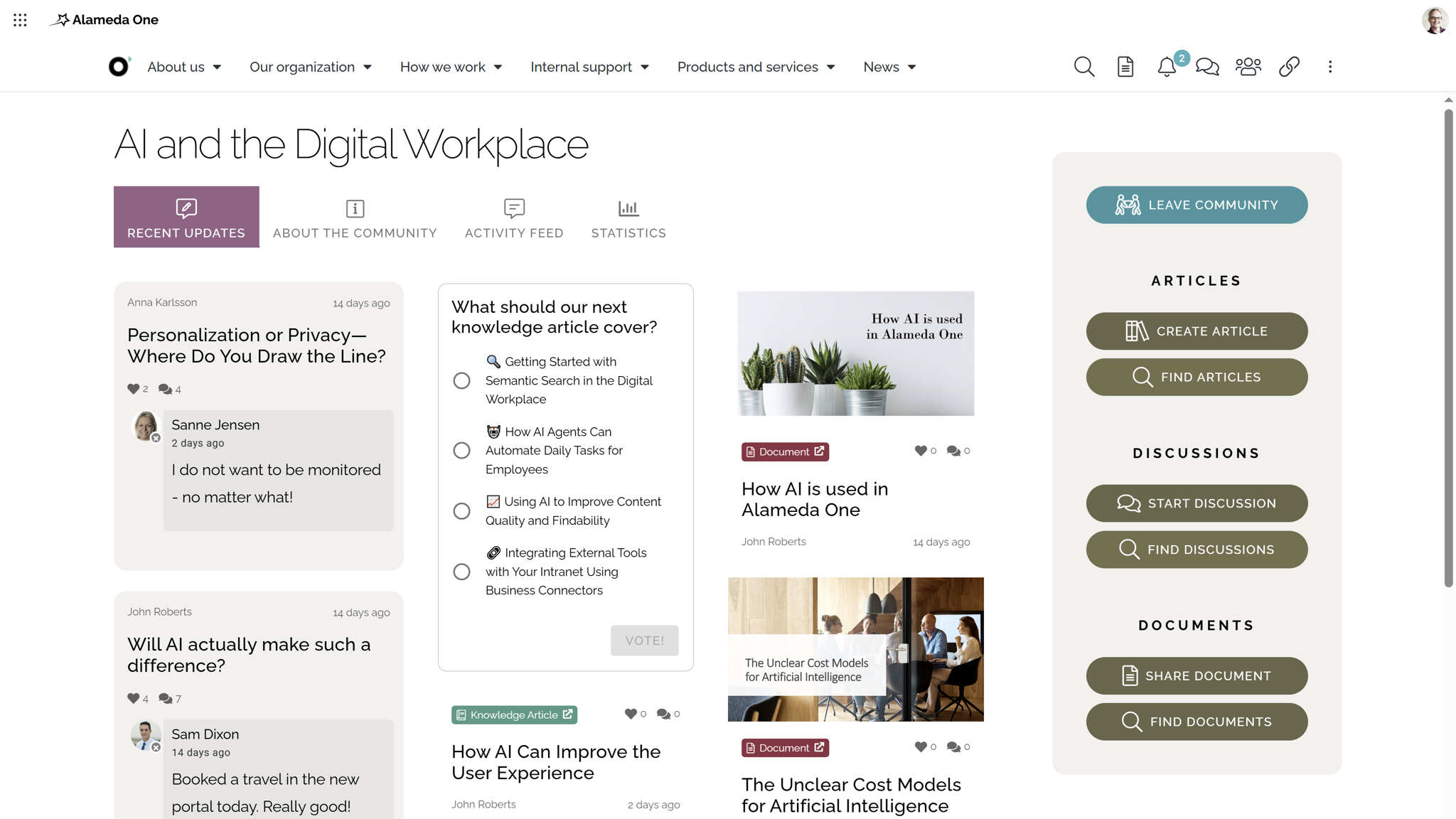 Intranet community page with interactive poll asking users to vote on the topic for the next shared knowledge article.