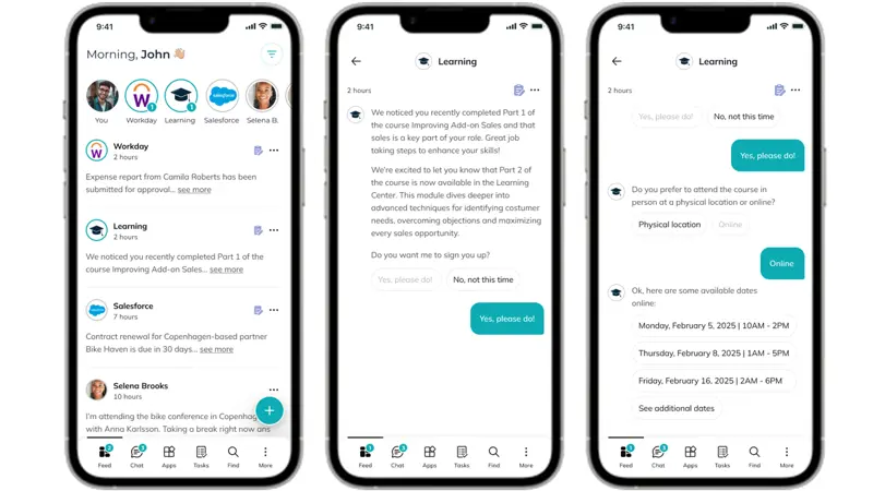 Mobile intranet app with AI assistant notification guiding a user through tasks to enhance employee experience.