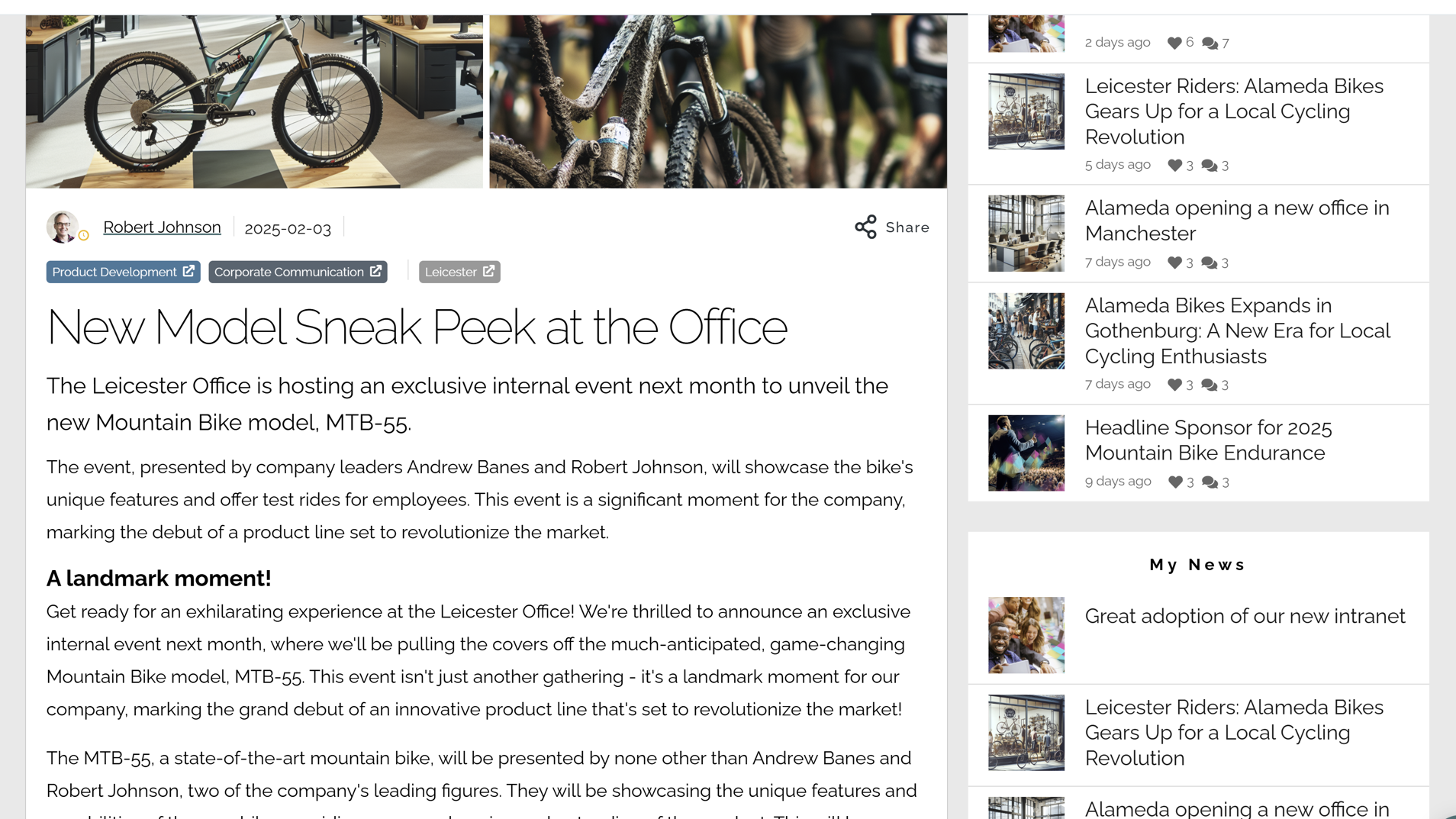 Intranet design best practice example showing a local news article with related and personalized news feeds.