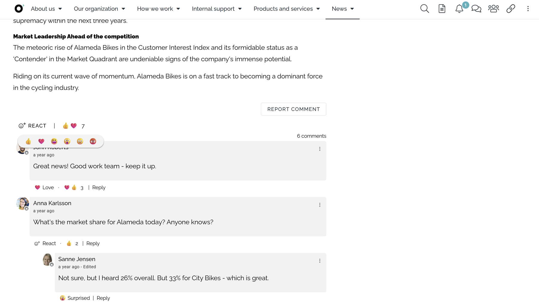 Employee engagement on a modern intranet showing rich social reactions and comments on internal news content.