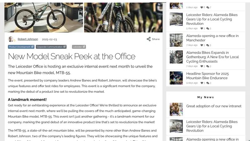 Intranet design best practice example showing a local news article with related and personalized news feeds.