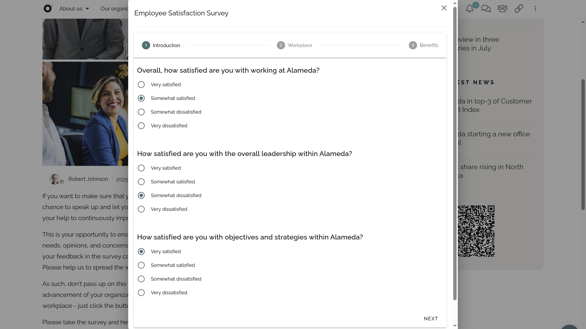 Internal communication intranet showing managers collecting feedback through employee satisfaction surveys.