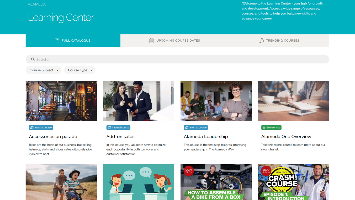 Intranet learning center enabling future workforce skills development through courses, videos, and learning paths