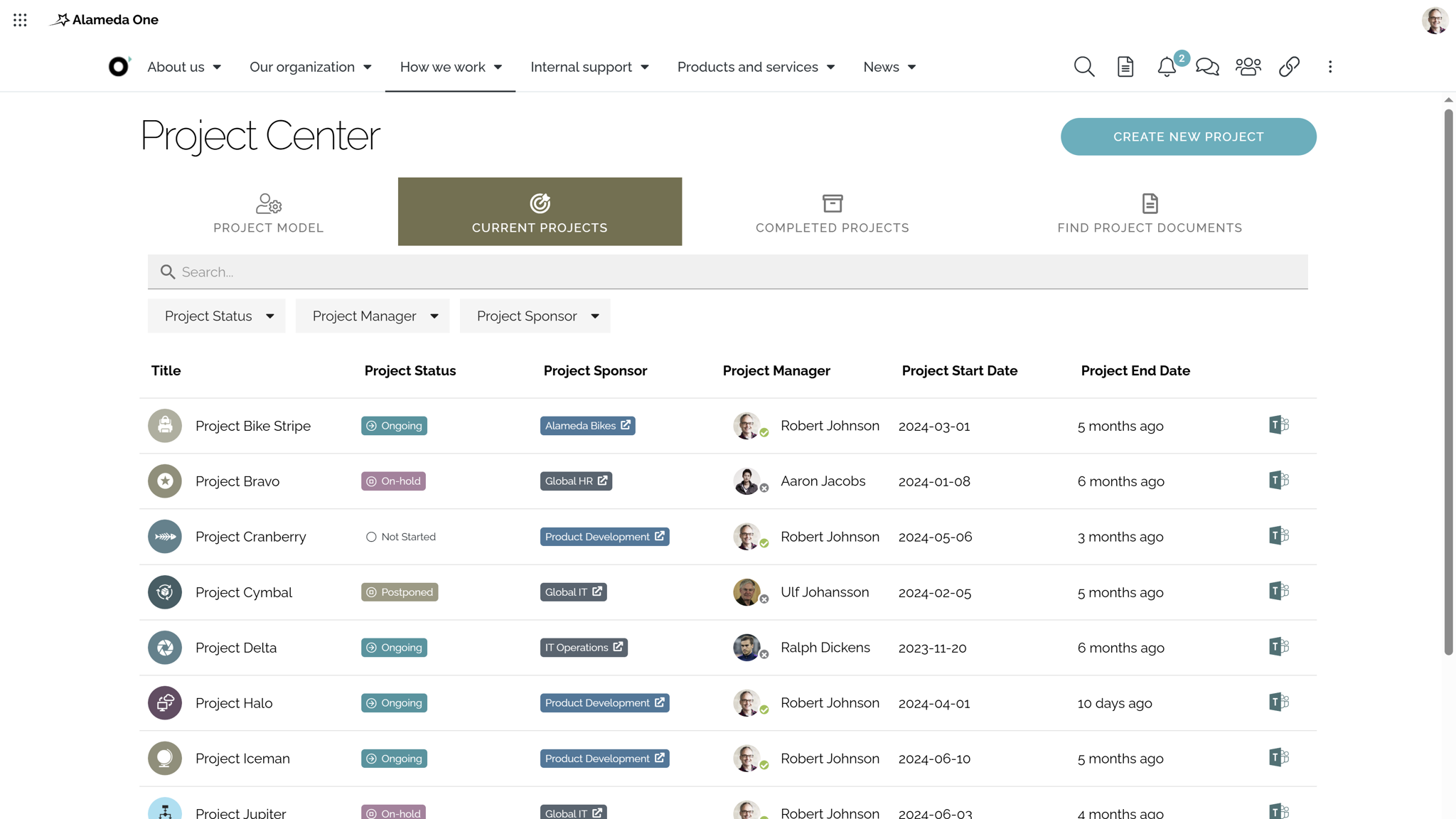 Intranet website example showing project management features like timelines, tasks, and milestones.