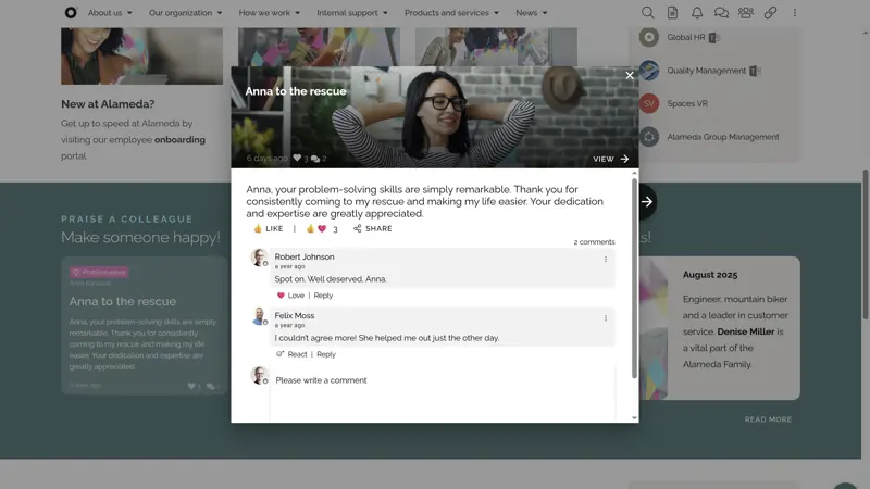 Social intranet solution with employee recognition tools such as peer-to-peer praise posts to strengthen culture and engagement.
