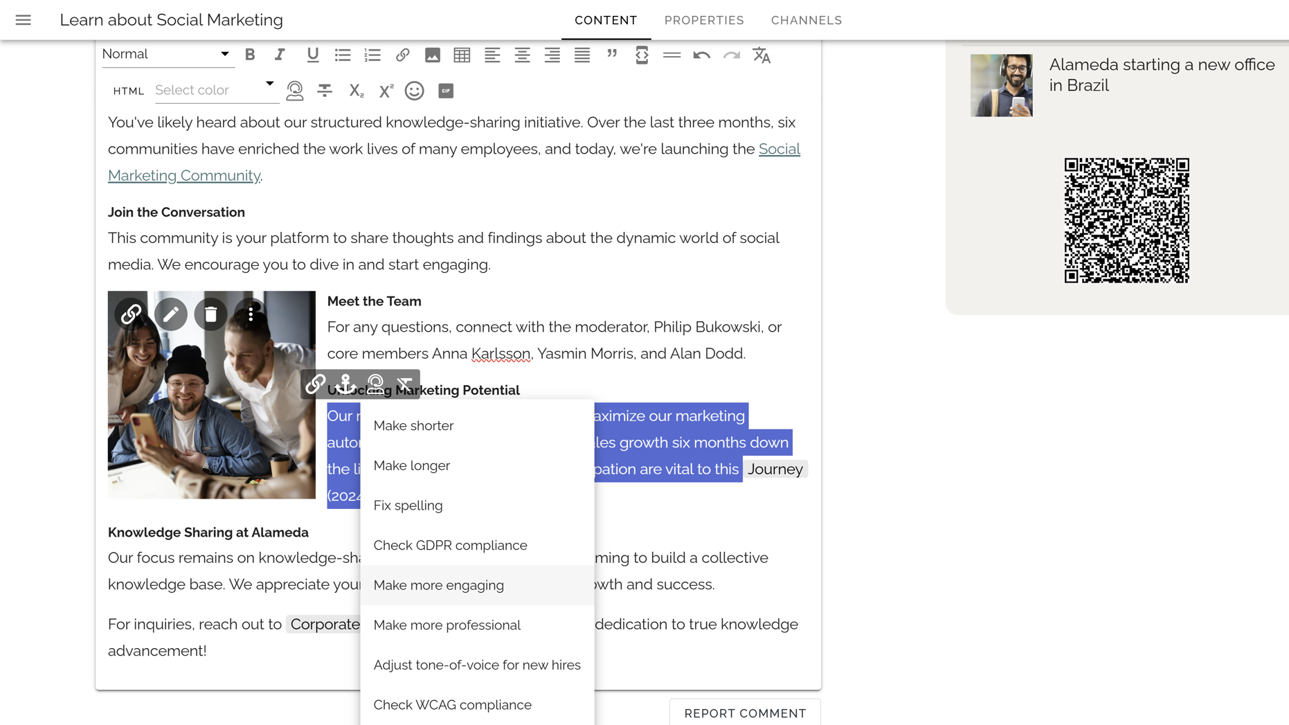 Corporate intranet software example showing AI assistant features for content generation and translation. Corporate intranet software example showing AI assistant features for content generation and translation.