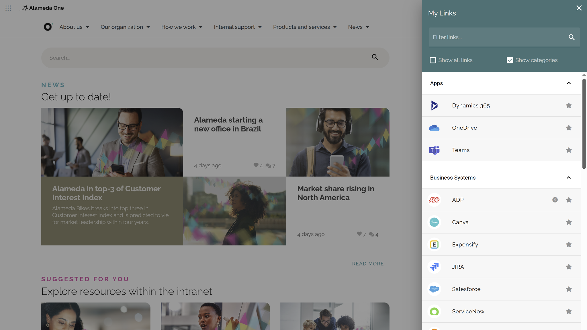 Intranet benefits for integration shown through personalized intranet links to key business applications and tools.