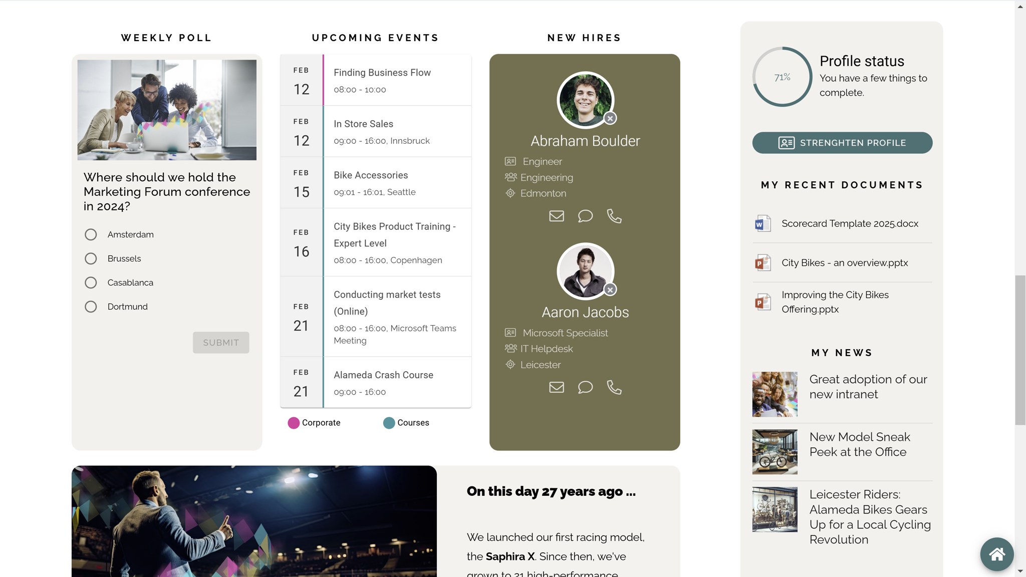 Intranet homepage design using visual hierarchy principles such as contrast, spacing, and prioritized announcements.
