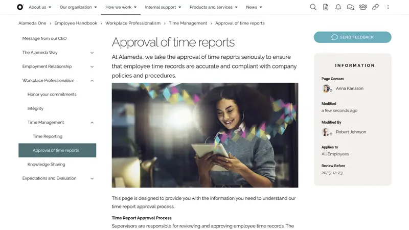 Employee handbook page shown as an intranet navigation example, using left-hand navigation and breadcrumbs to improve findability.