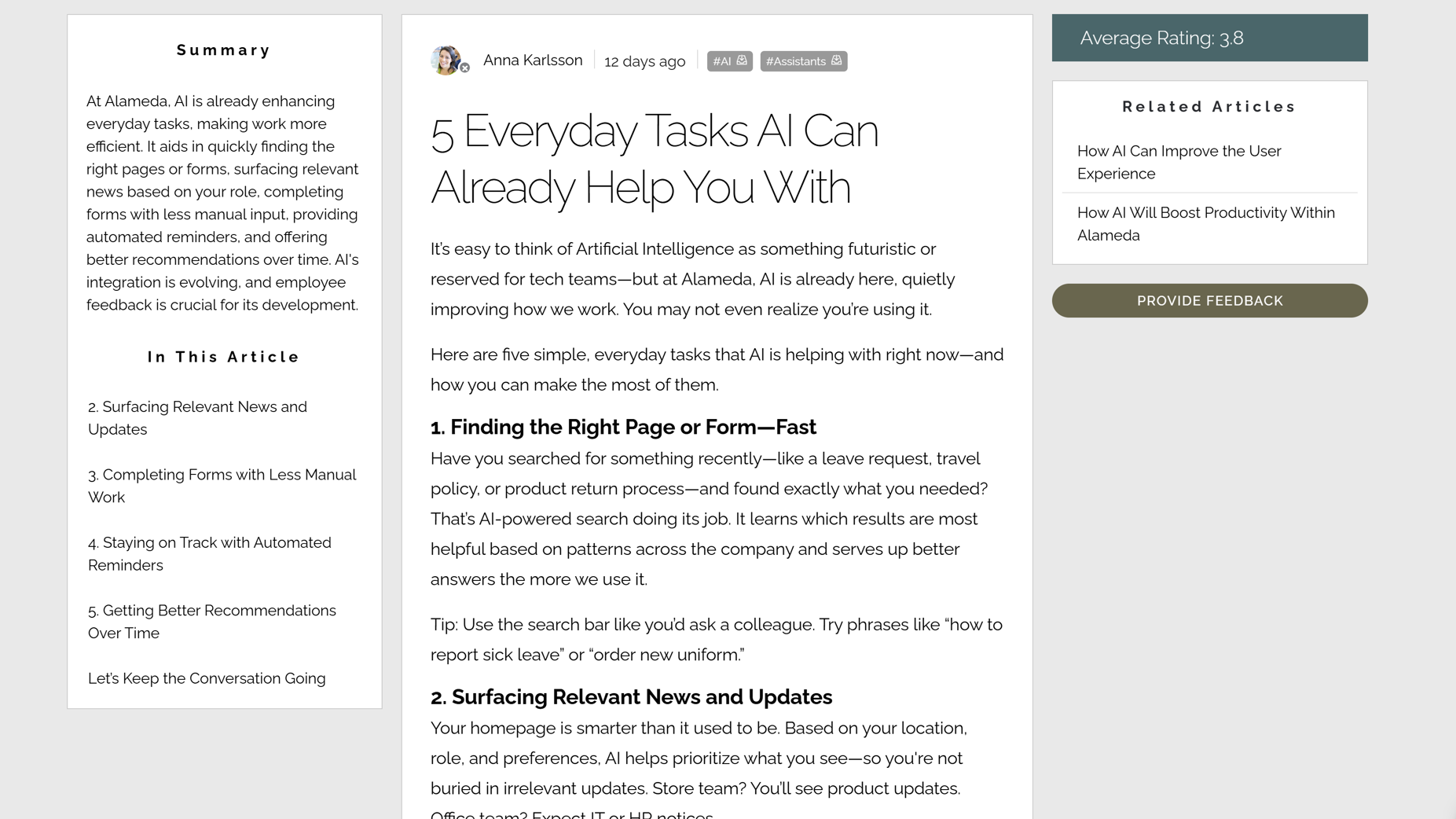 Intranet community article view featuring AI summary, user ratings, related content links, and feedback options.