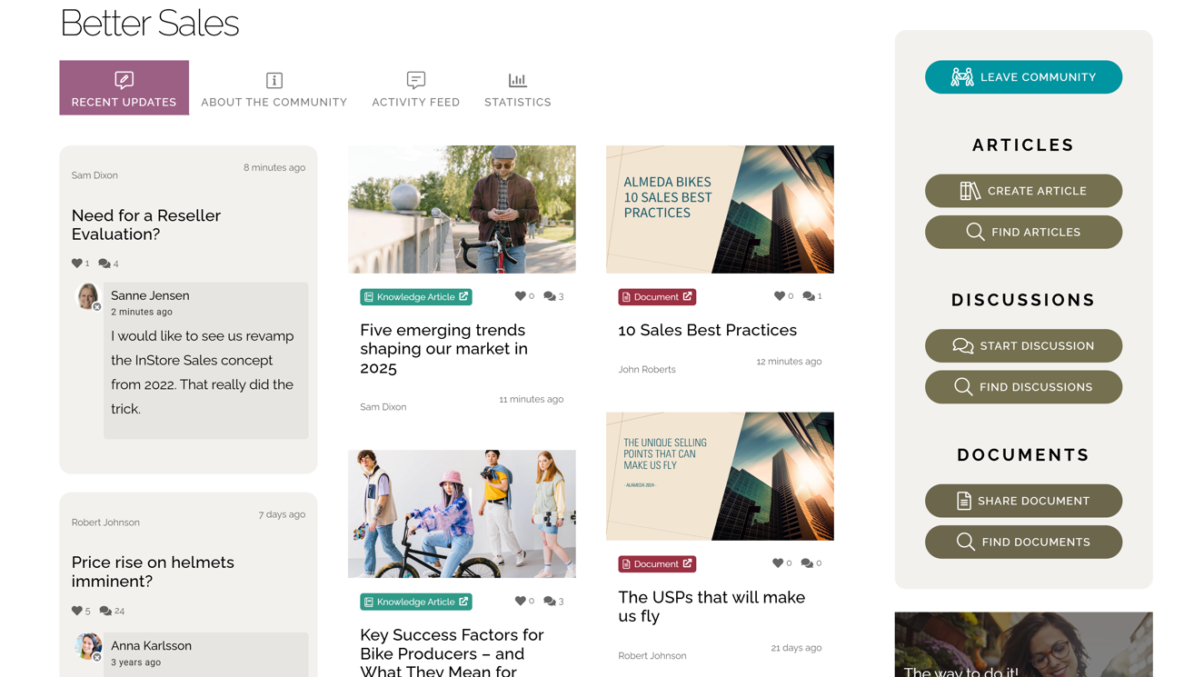 Knowledge-sharing community on intranet platform showing member posts and discussion topics.