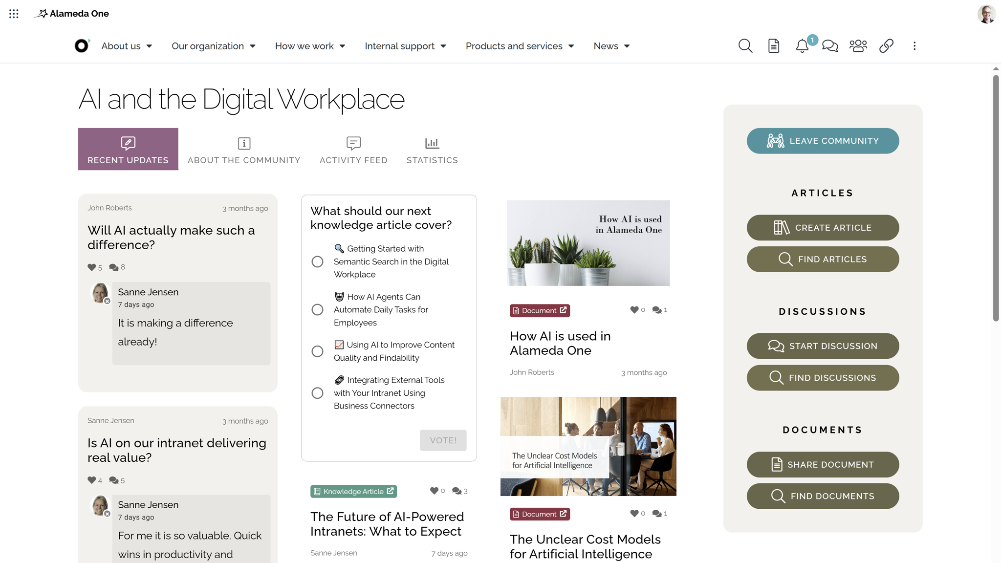 Intranet website feature example with community discussions, blog posts, and shared documents.