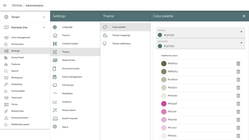 SharePoint Intranet Example: Branding settings page for customizing intranet themes and layout templates.