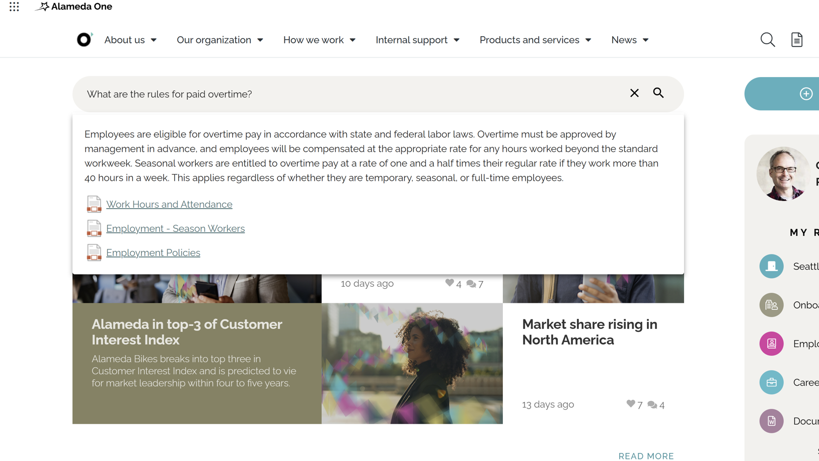  AI-powered semantic search experience with natuaral language questions and answers on intranet start page.
