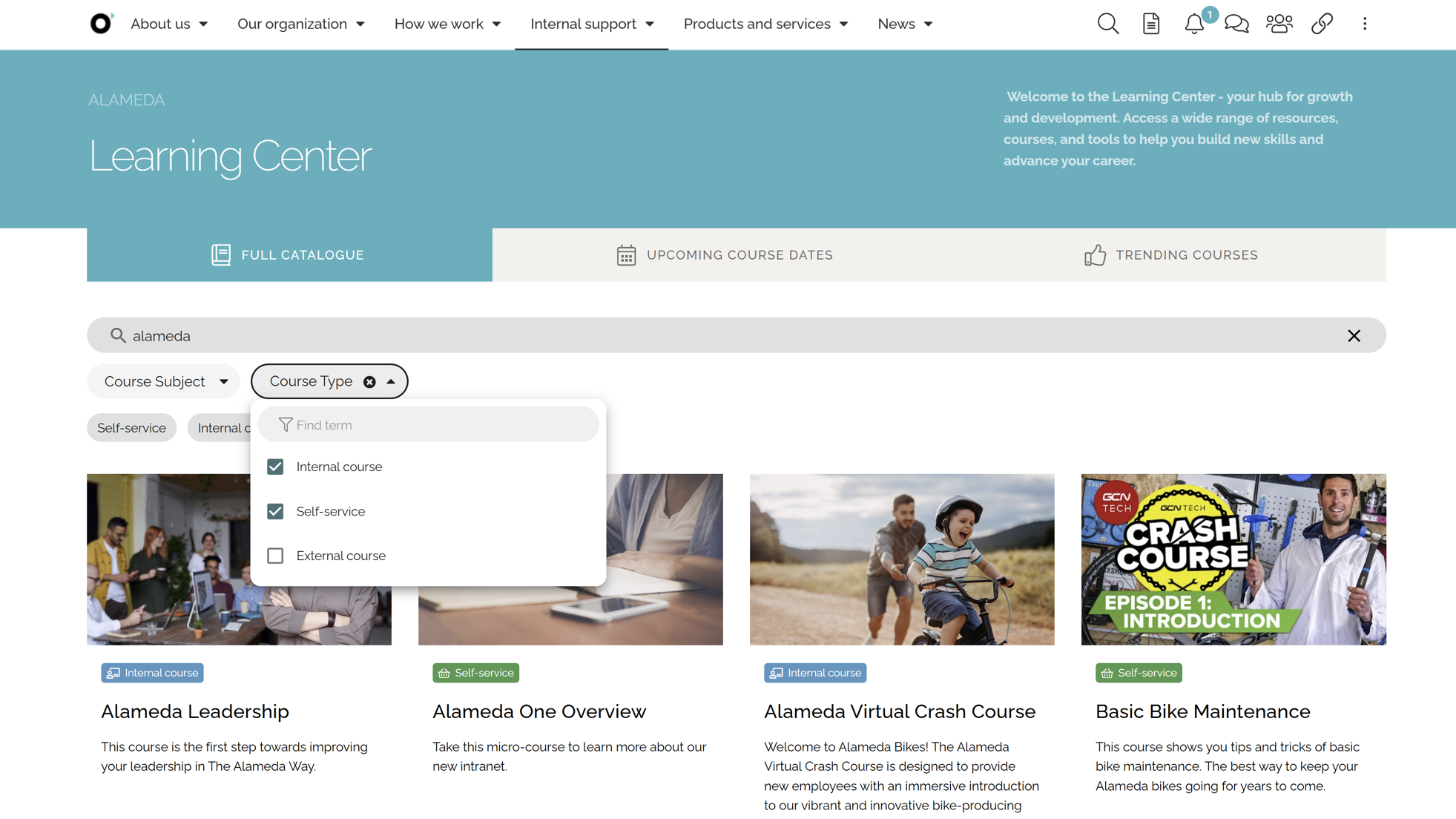 Employee engagement platform Learning Hub with training modules, videos, and growth opportunities.