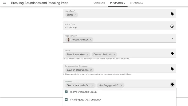 Internal communication intranet showing editors targeting news content by role, department, and location.