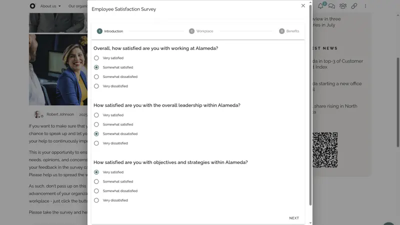 Employee intranet feedback module with survey results and suggestion submission options.