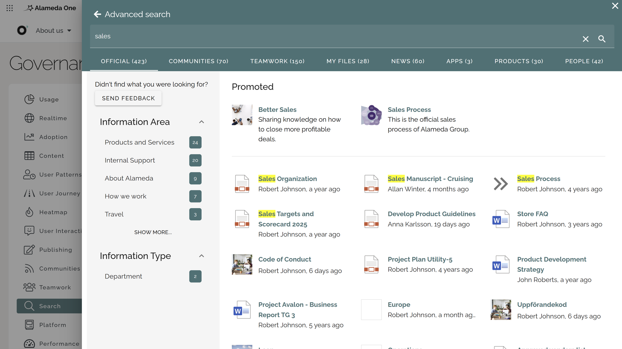 Intranet search results page with promoted results, filters, and feedback button.