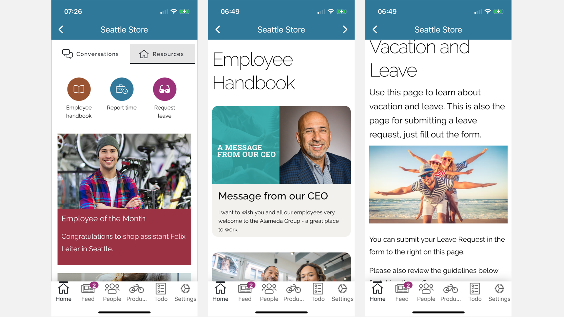 Frontline worker using the mobile intranet app to submit a leave request through the country-specific Employee Handbook.