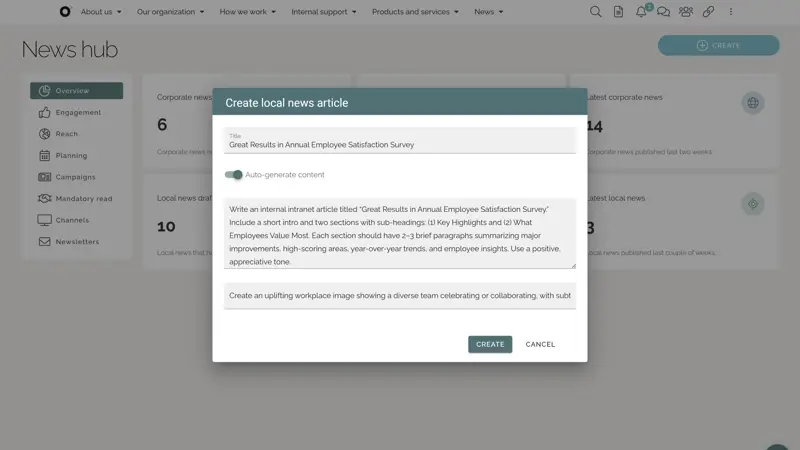 Intranet AI example: Creating a first draft of text and image for a news article.