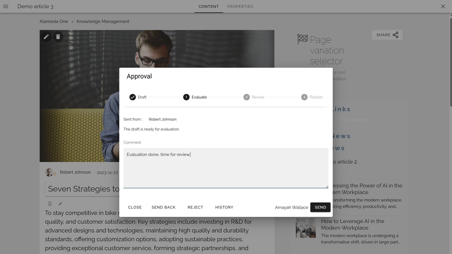 Knowledge management approval workflow ensuring content quality and compliance