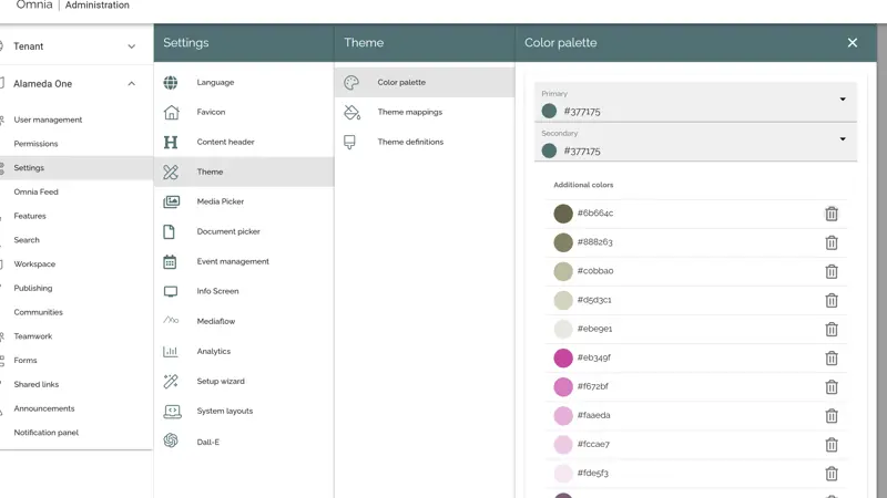 Company Intranet Example: Intranet admin panel displaying layout configuration and design settings for governance control.