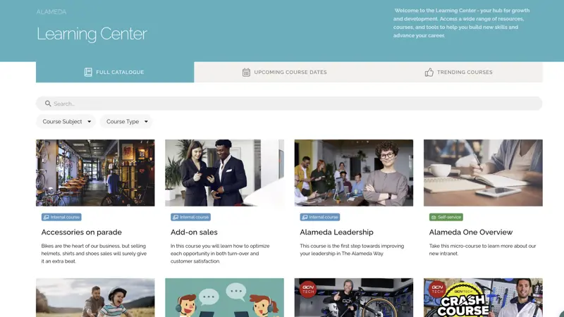 Intranet website example with learning and development courses, dashboards, and progress tracking.