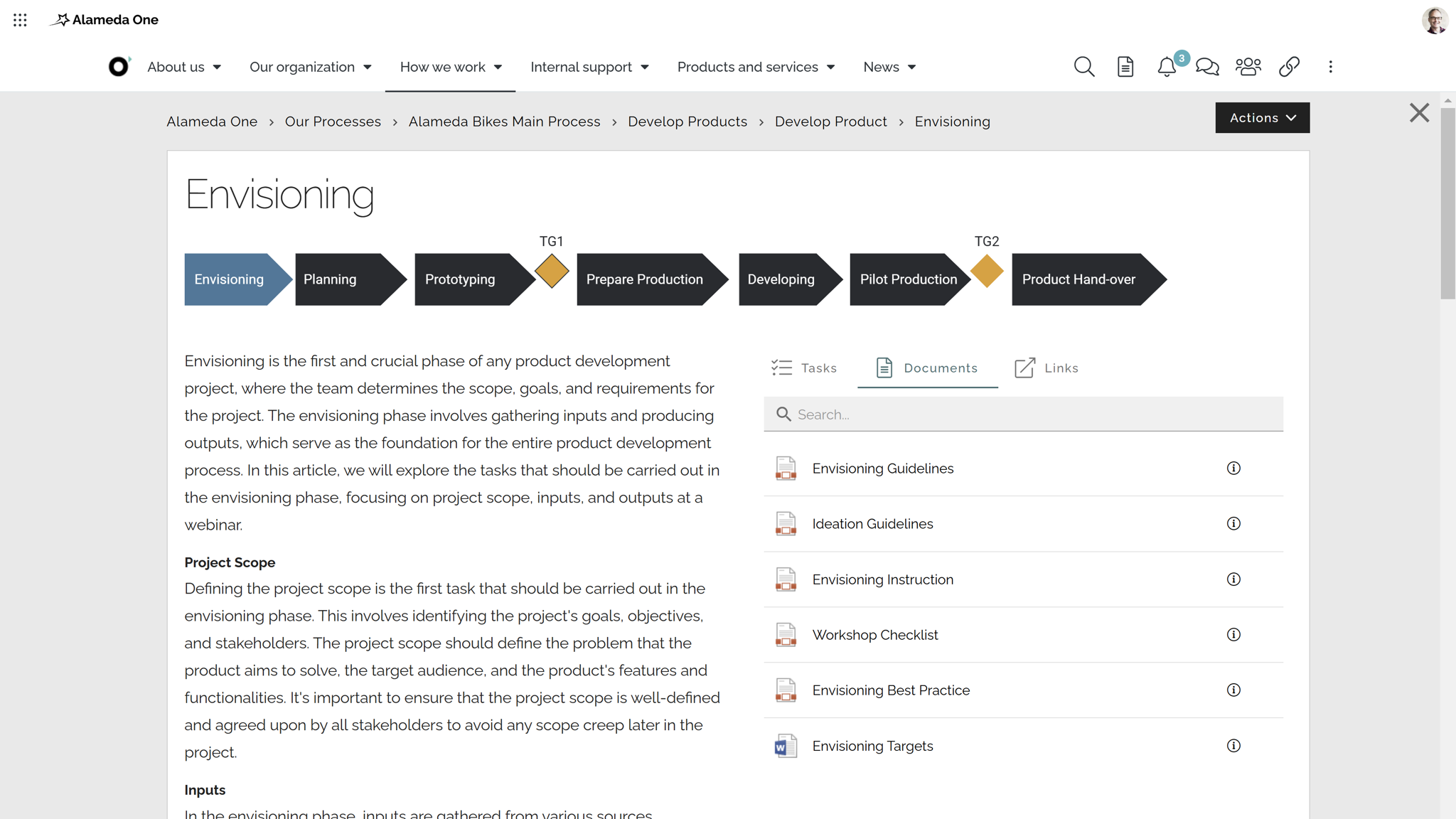 Modern intranet features example: workflow representation connecting business processes with related content.