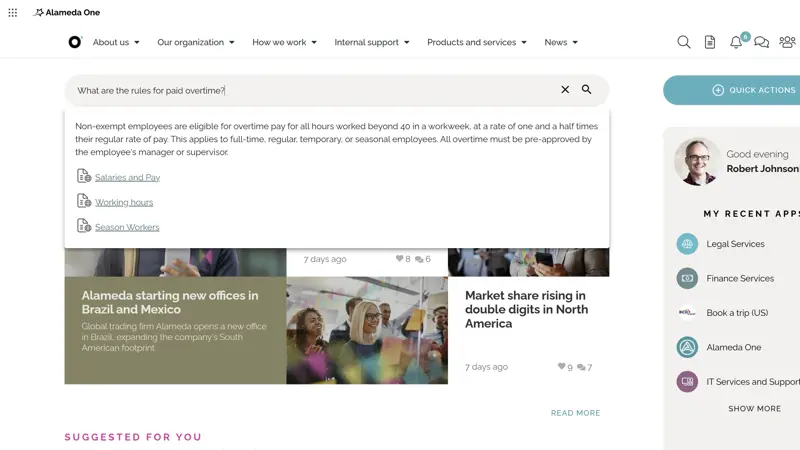 Image 1: Using AI intranet search to surface information from the employee handbook.