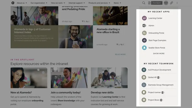 Personalized start page section shown as one of the intranet navigation examples, highlighting recently used apps and teamwork areas.