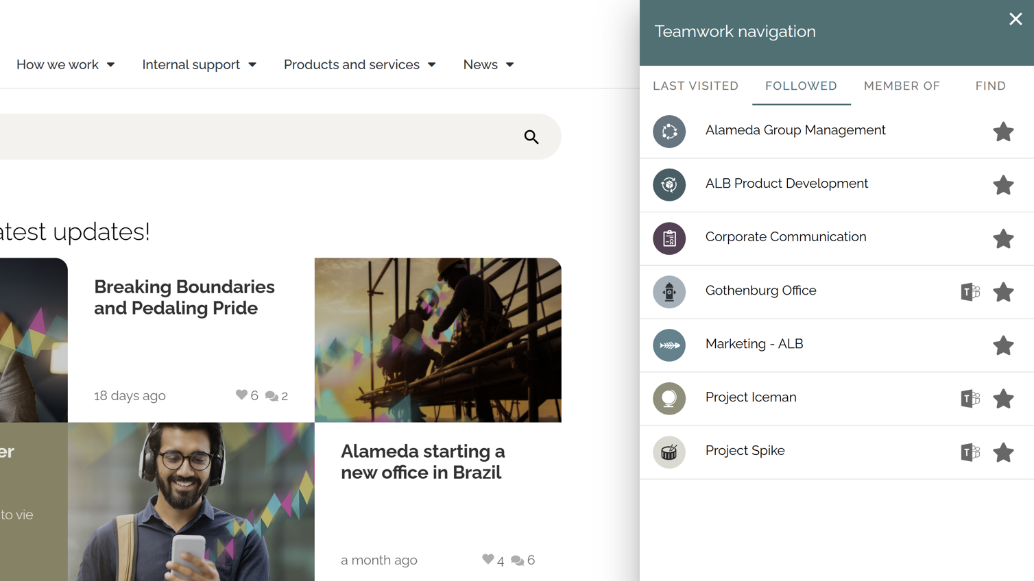Personalized workspace navigation presented as an intranet navigation example, showing followed teams and collaboration areas.