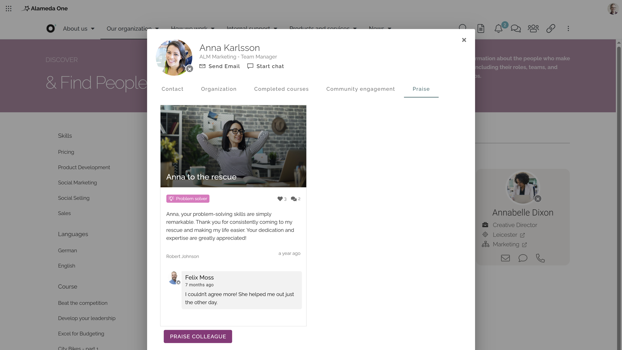 HR Intranet showing a user profile with praise badges