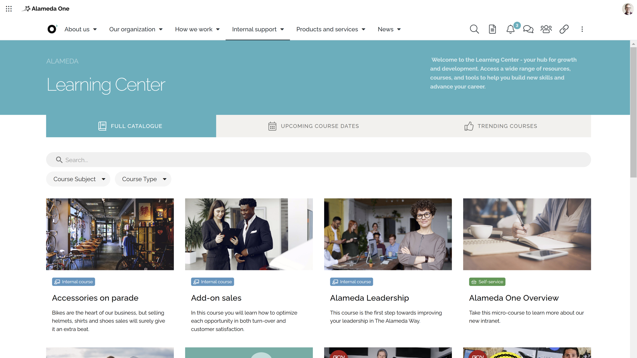Modern intranet features example: learning center with courses, microlearning modules, and video-based training resources.