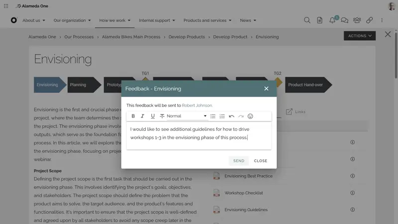 Employee engagement platform with feedback and improvement ideas submitted through intranet forms.