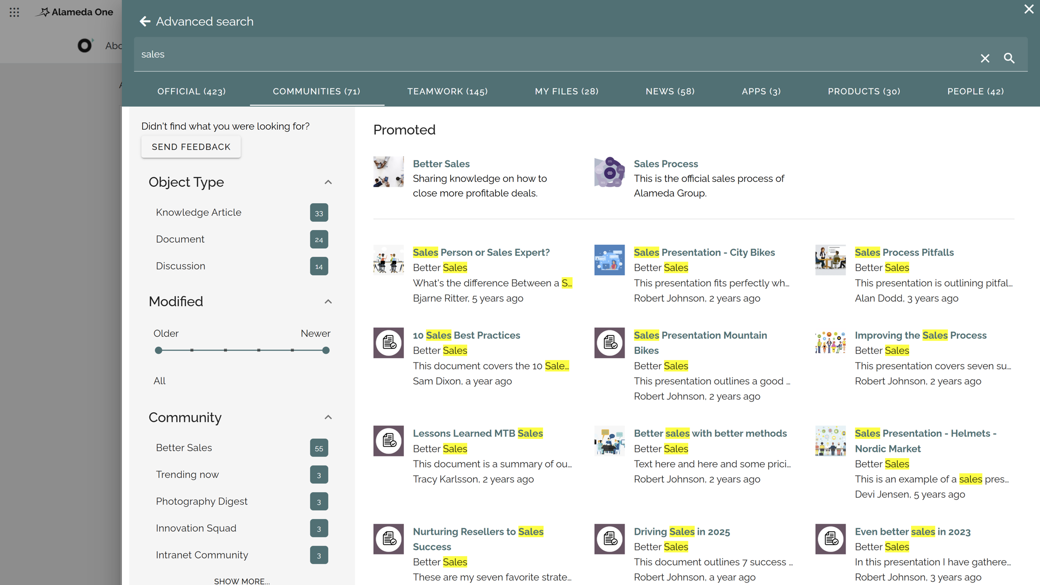 Intranet search and navigation example showing advanced intranet search with category-based filters and customized refiners
