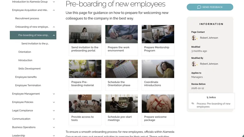 Manager handbook intranet page with leadership frameworks, guidance, and decision-support tools