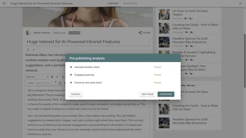 Intranet governance workflow with publishing policies and quality checks for decentralised content authors