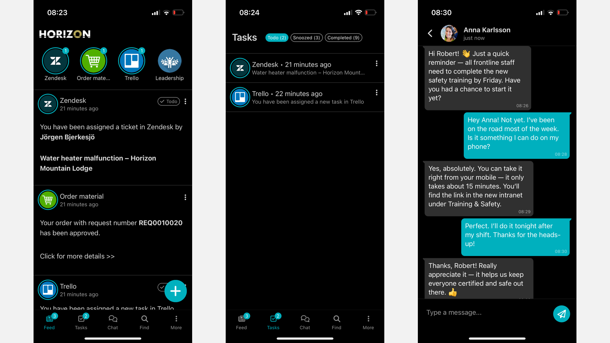 Frontline intranet mobile app showing personalized content, task assignments, and peer-to-peer chat.