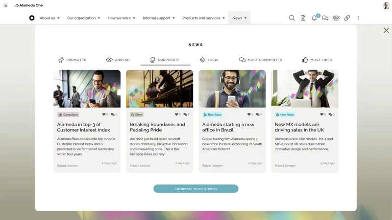 Corporate intranet software example: Intranet news dashboard with filters for article categories including promoted, corporate, and most commented.