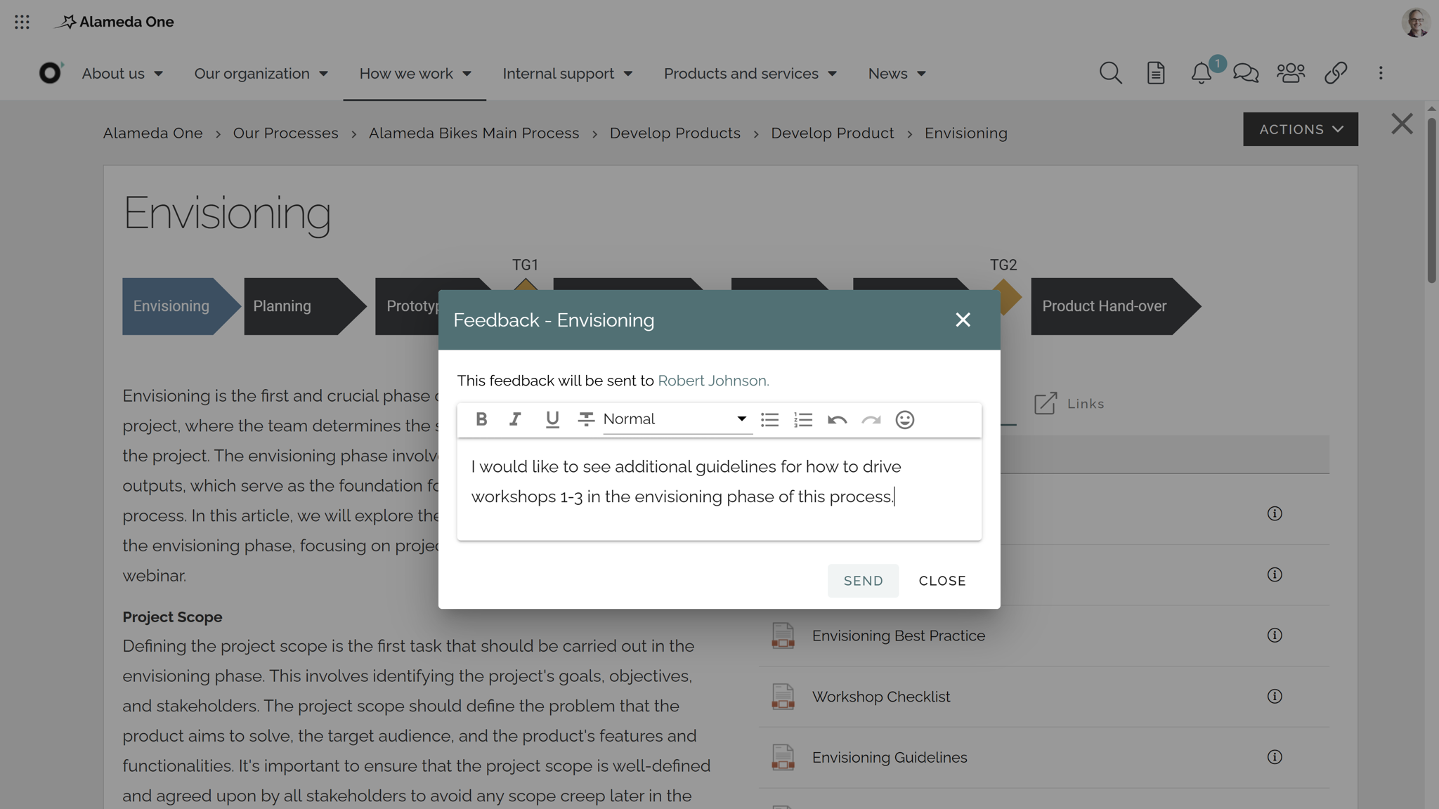 Employee engagement platform with feedback and improvement ideas submitted through intranet forms.