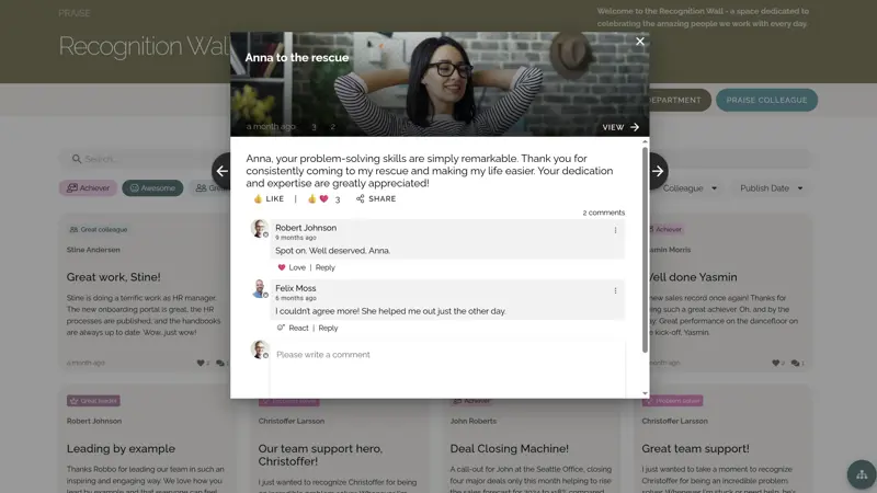 Intranet content ideas example featuring a colleague praise post on the intranet.