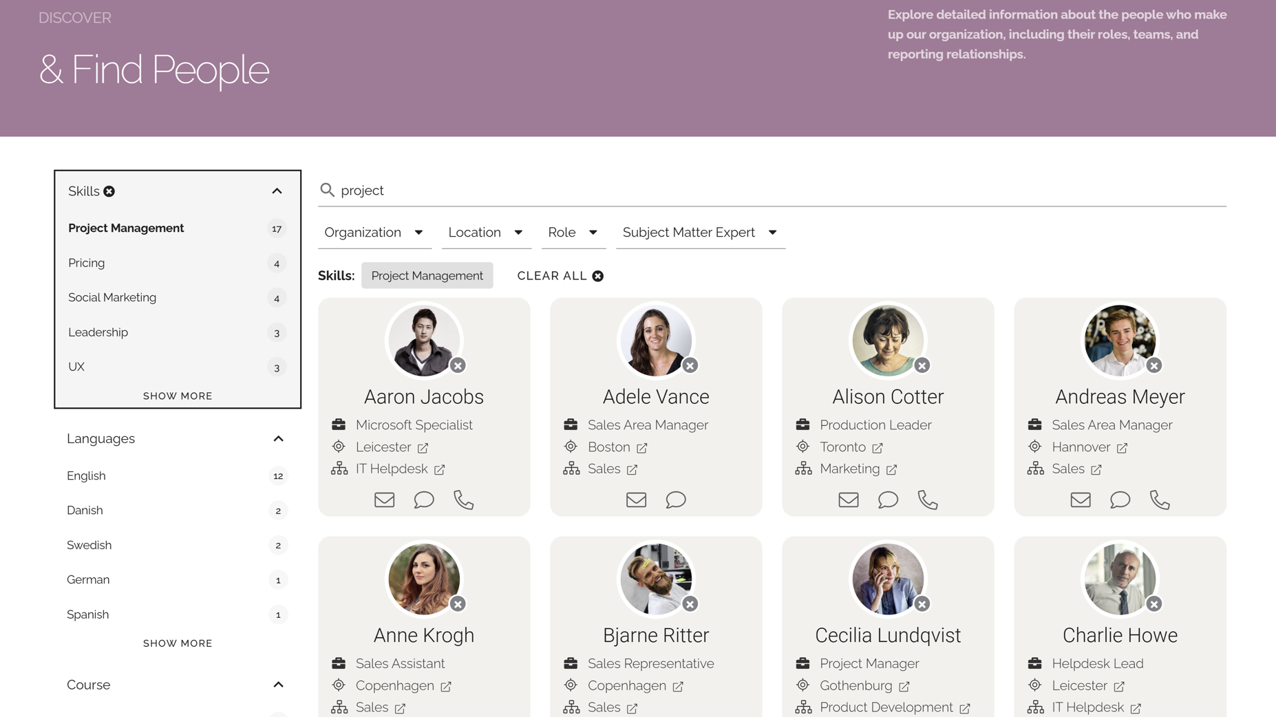 Stand-alone search application for finding people based on competence, expertise, languages, and more.