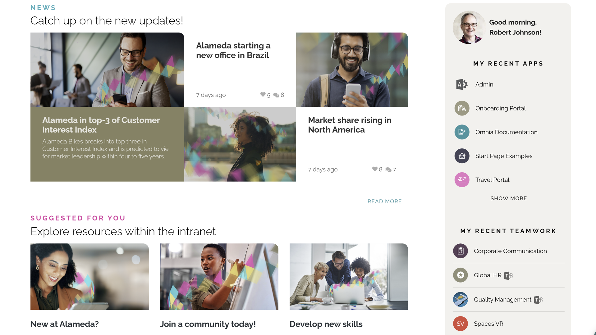 Intranet Homepage Example: Intranet homepage design with corporate news and personalized suggested resources.