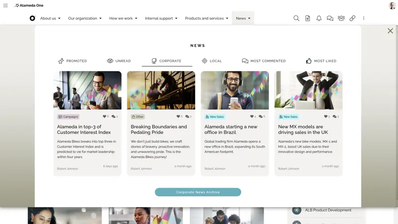 Tabbed mega menu used as one of the intranet navigation examples, enabling structured navigation between news categories and archives.