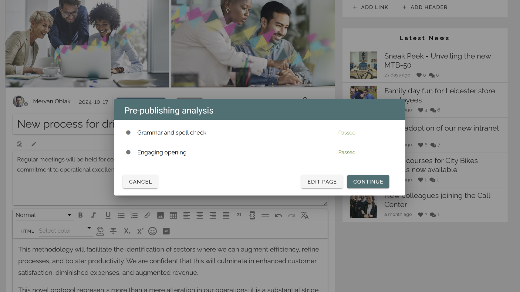 Company Intranet Example: AI assistant reviewing intranet content draft with optimization tips for clarity and consistency.